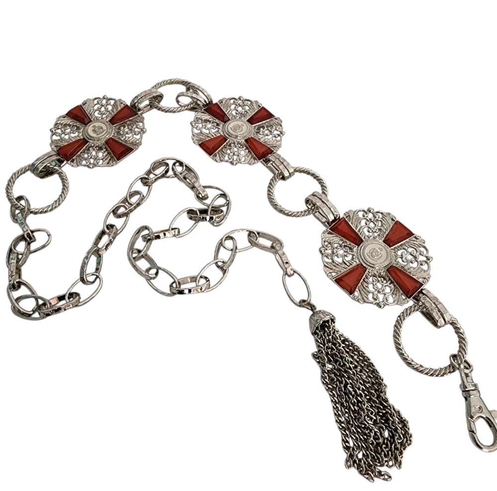 Vintage style chain belt orange adjustable length silver filigree